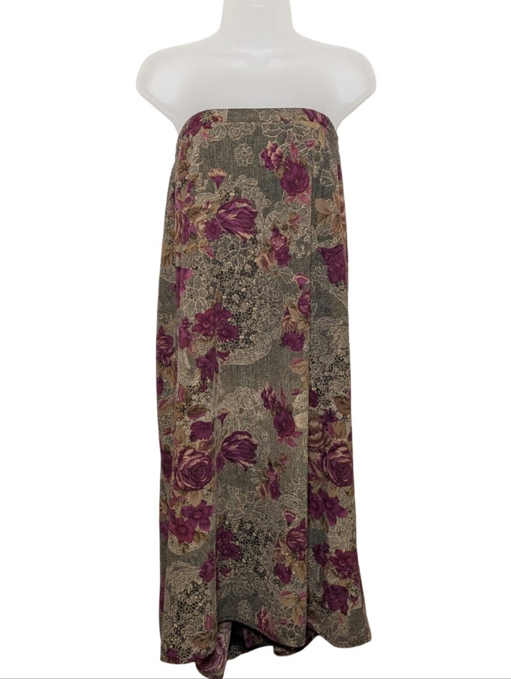 Vintage| Laura Scott | Floral Lace Print Maxi Skirt in Purple Taupe Black | Chic